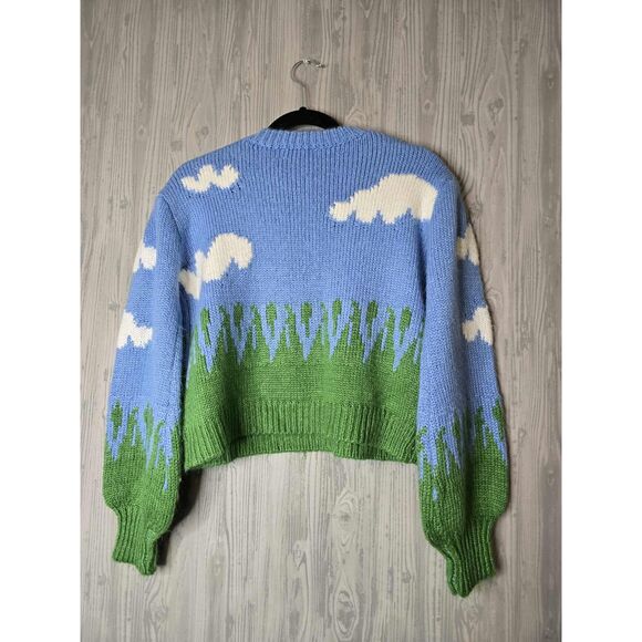 Whimsical Cloud & Grass Knit Sweater | Cropped Pullover | Fits S/M - Picture 3 of 5